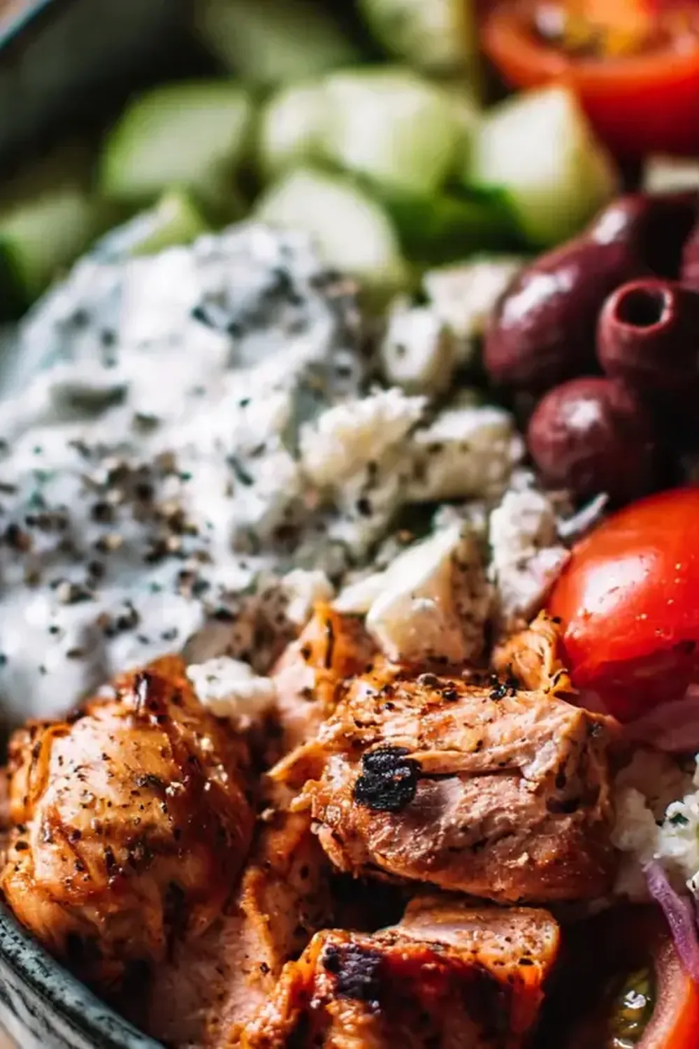Griechischer Hähnchen und Gemüse Bowl