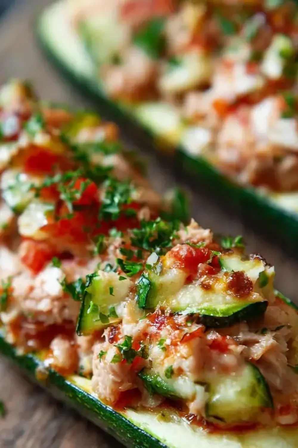 Zucchini-Schiffchen mit Thunfisch gefüllt