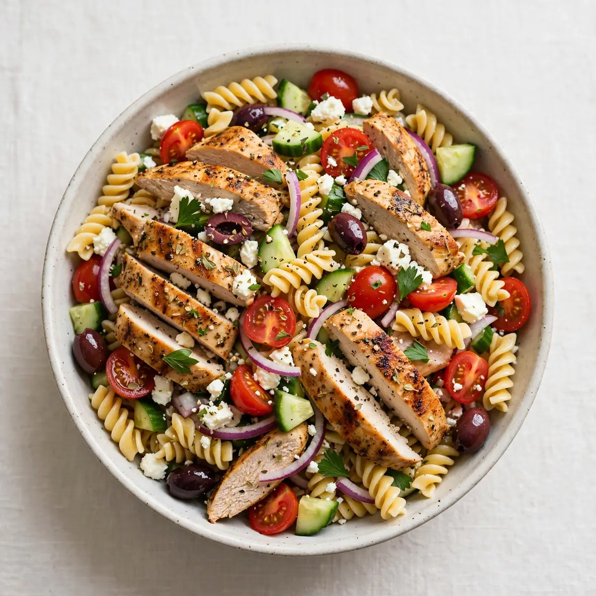 Griechischer Pasta-Salat mit Hähnchen: Edles Gericht