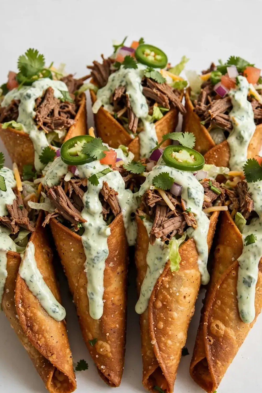 Crispy Beef Taco Cones with Cilantro Jalapeño Yogurt Sauce