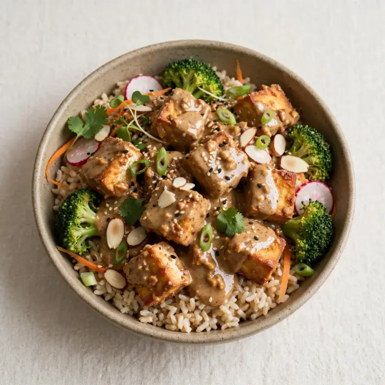 Restaurant-Qualität: Mandelmilch-Tofu-Bowls mit Erdnuss-Ingwer-Dressing