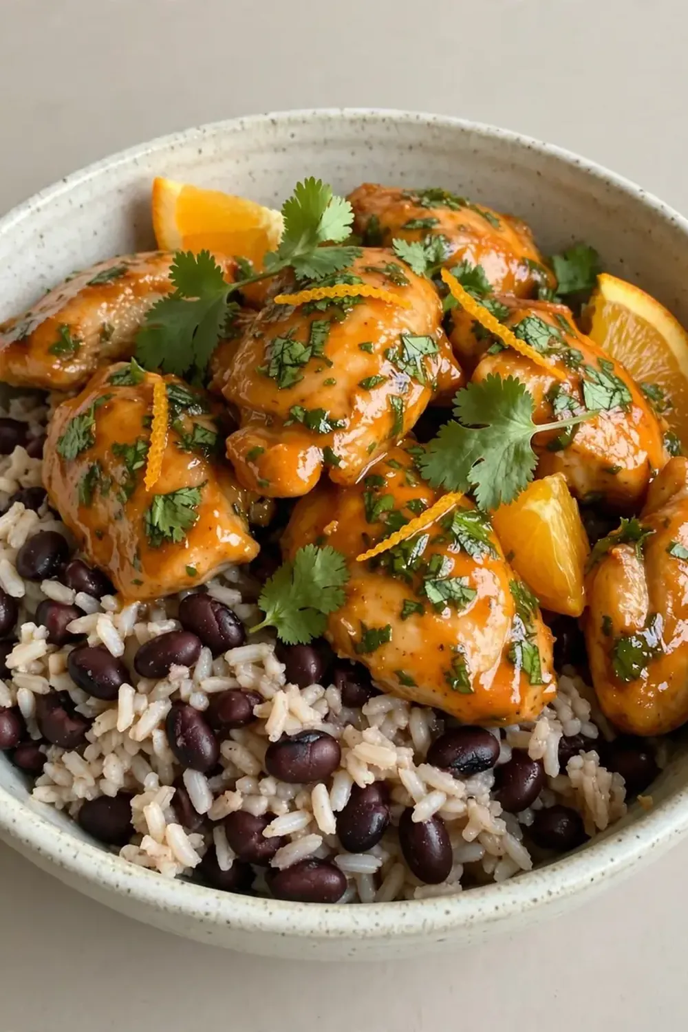 Cilantro Orange Chicken with Rice and Beans