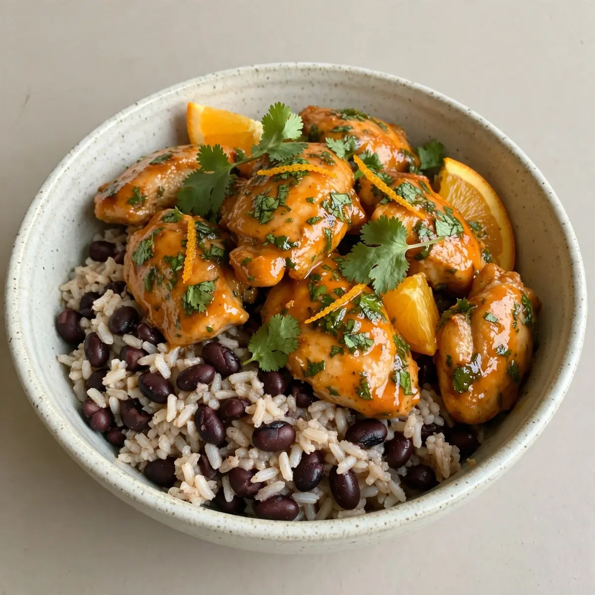 Restaurant-Qualität zu Hause: Koriander-Orangen-Hähnchen mit Reis und Bohnen