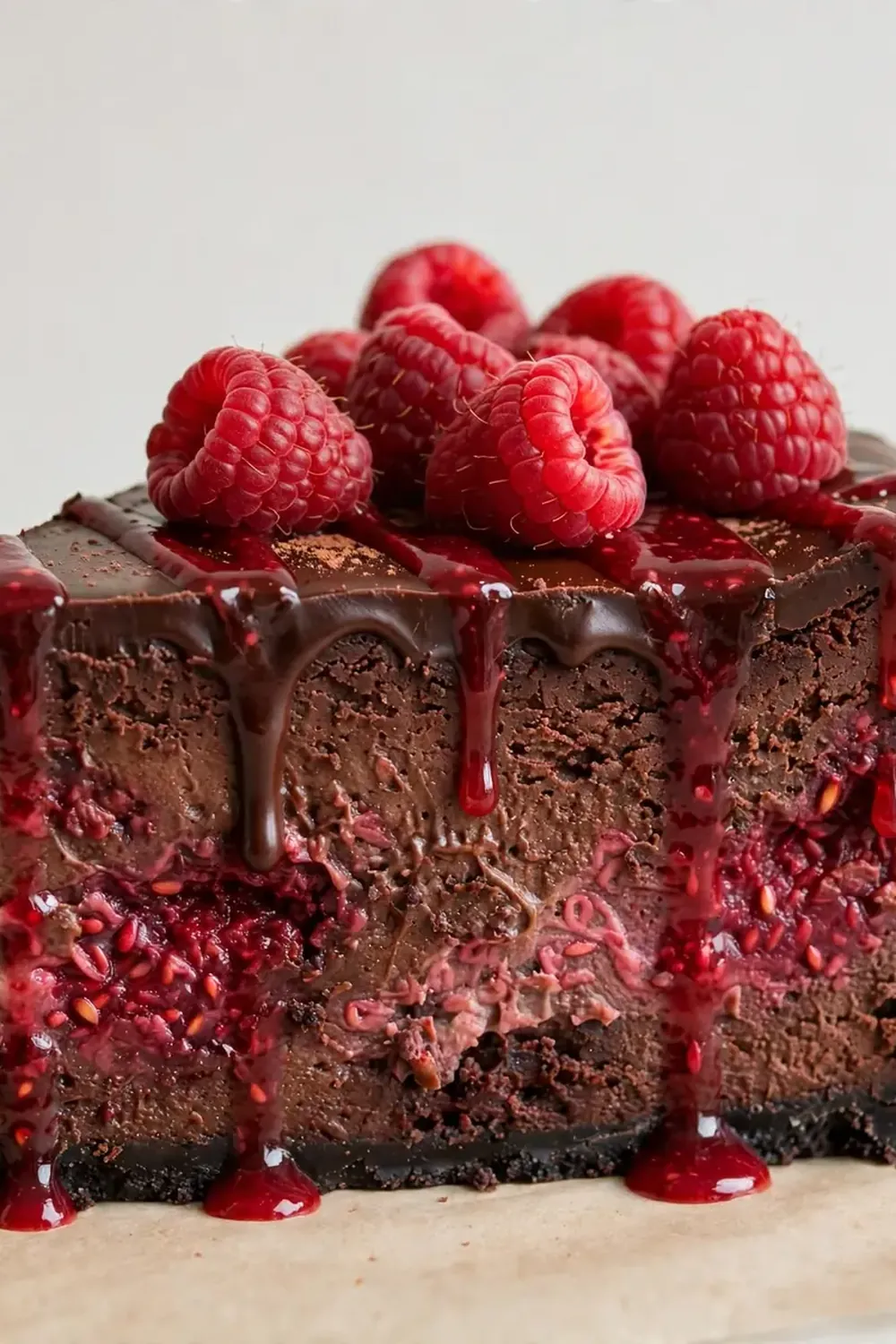 Fudgy High Protein Dark Chocolate Raspberry Cheesecake