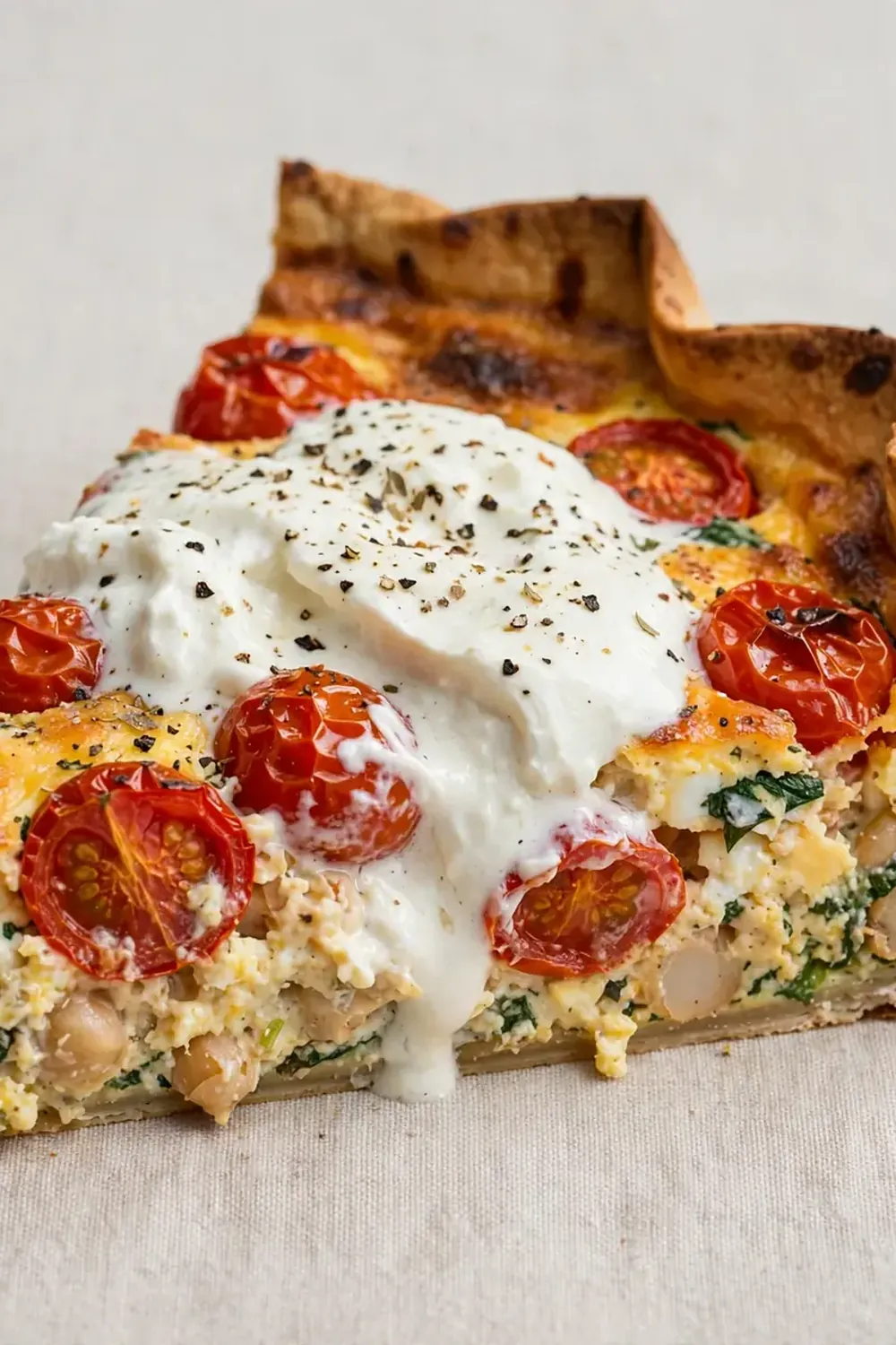 High-Protein Tomato Burrata Tortilla Quiche