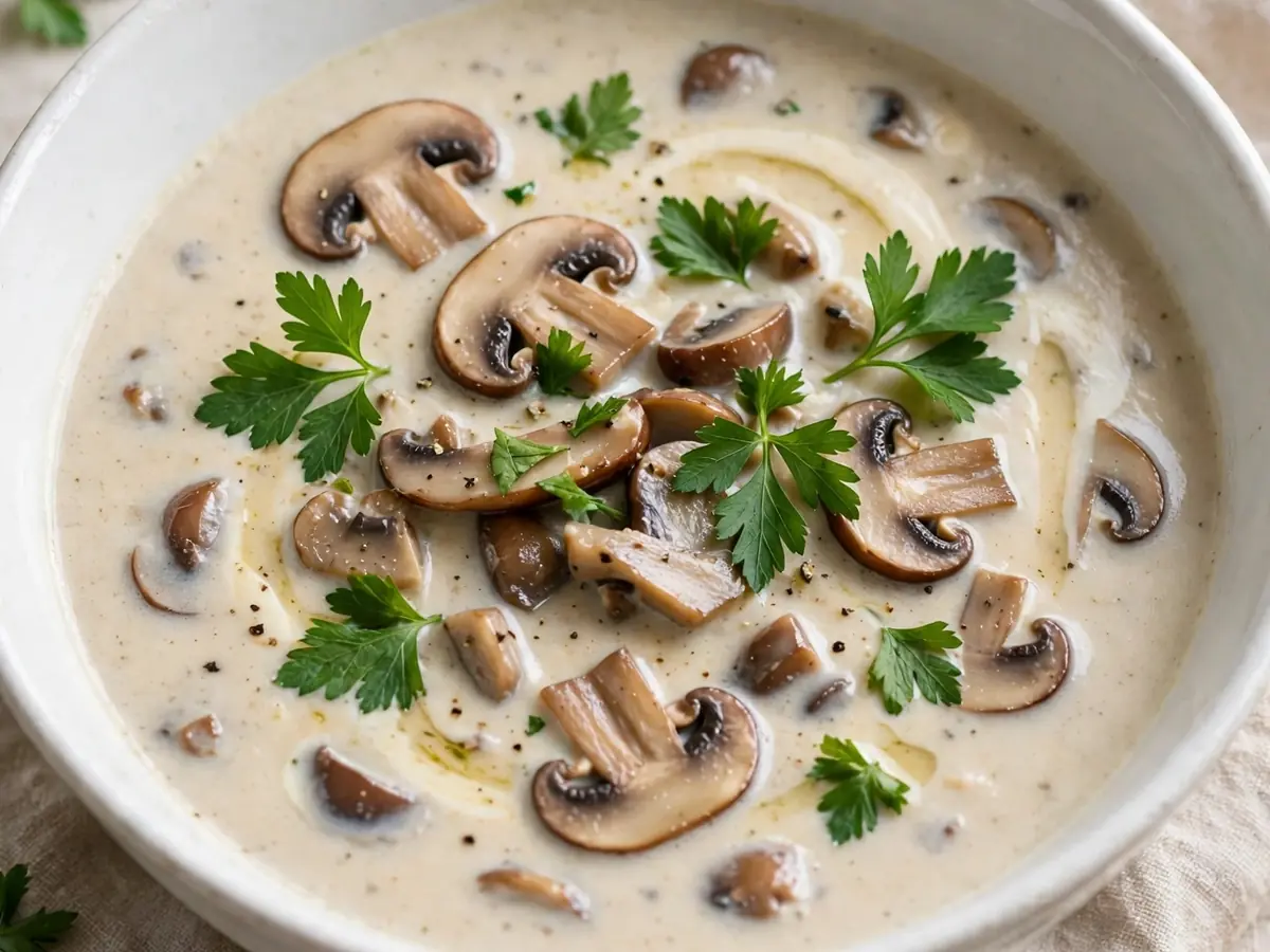 Cremige Pilzrahm-Suppe mit frischer Petersilie