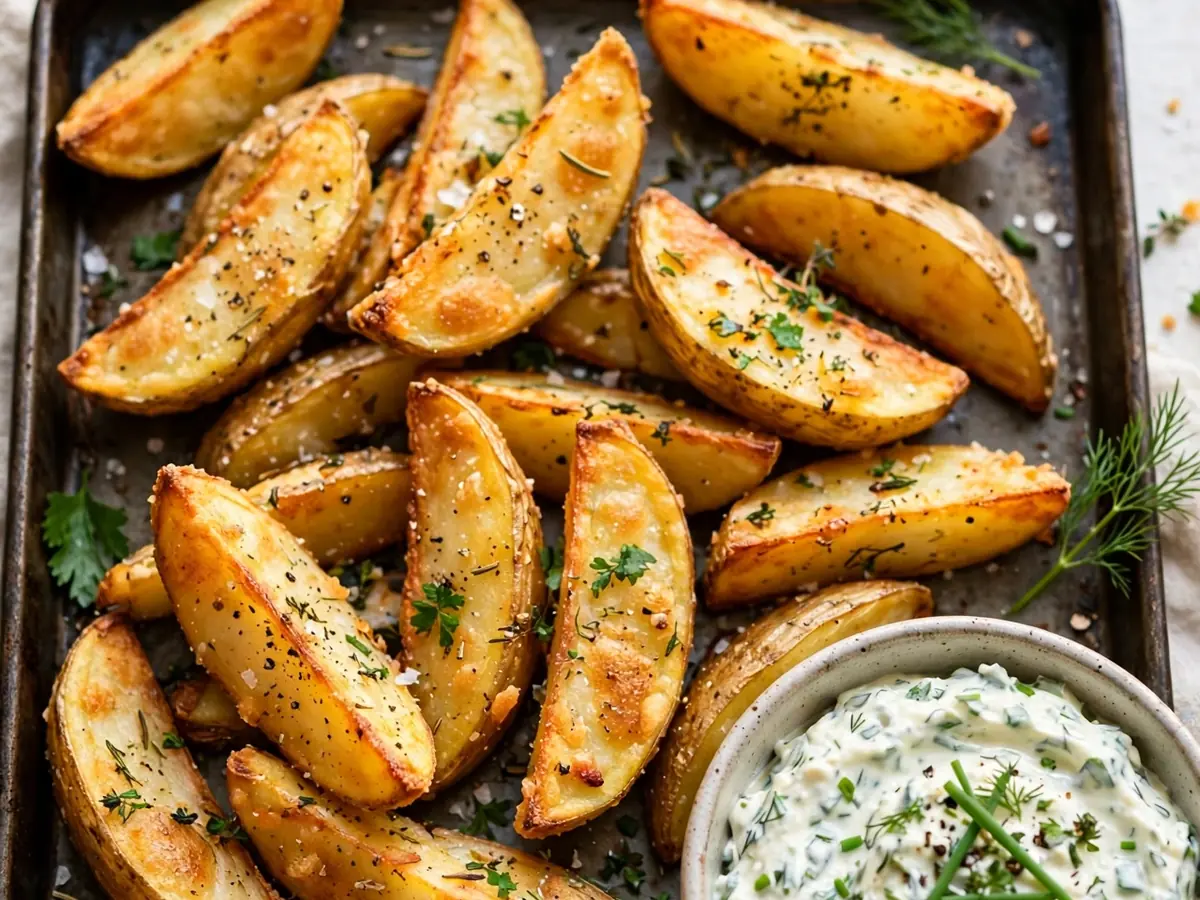 Kartoffel-Wedges mit Kräuterquark vom Blech