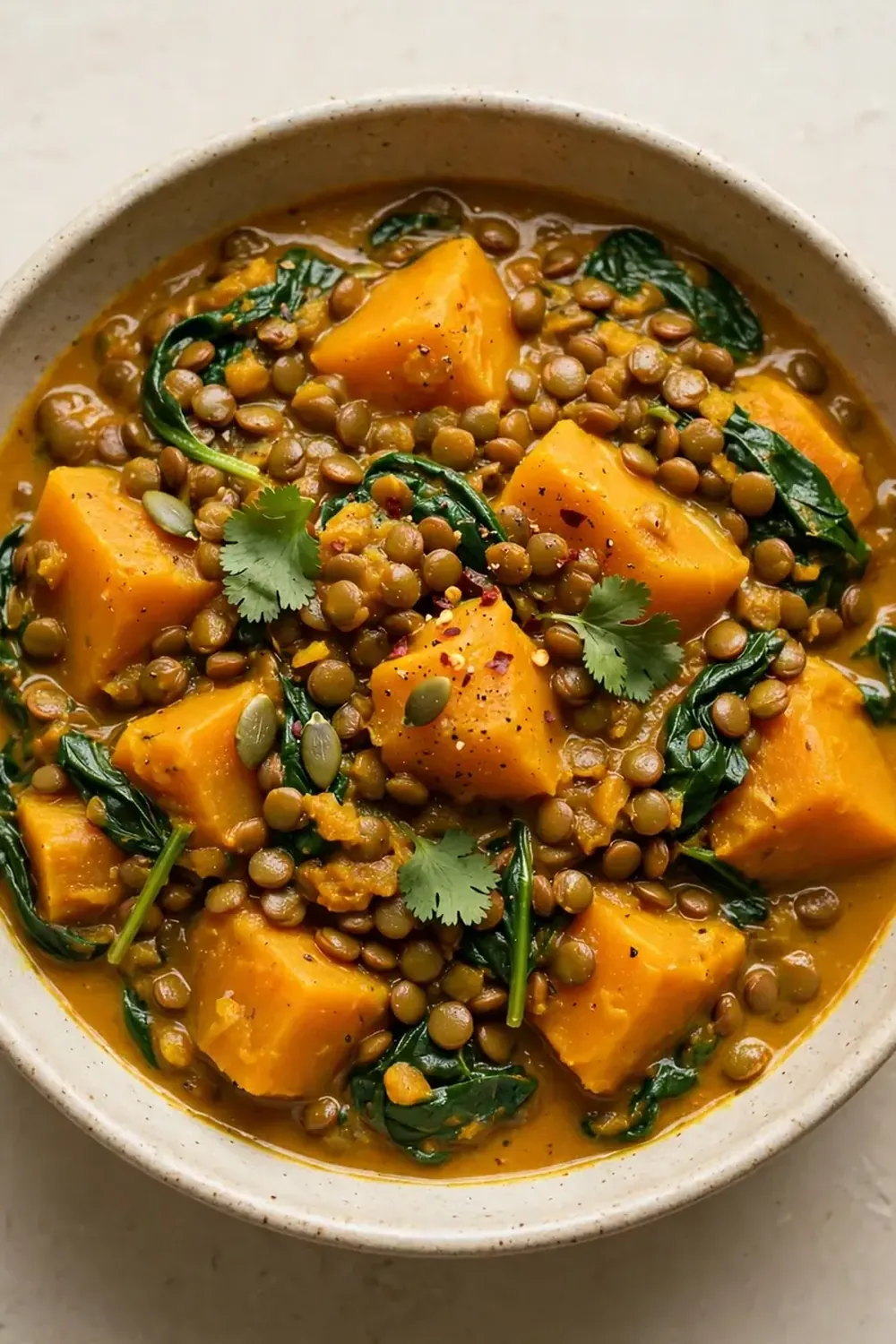 kürbis curry mit linsen und spinat