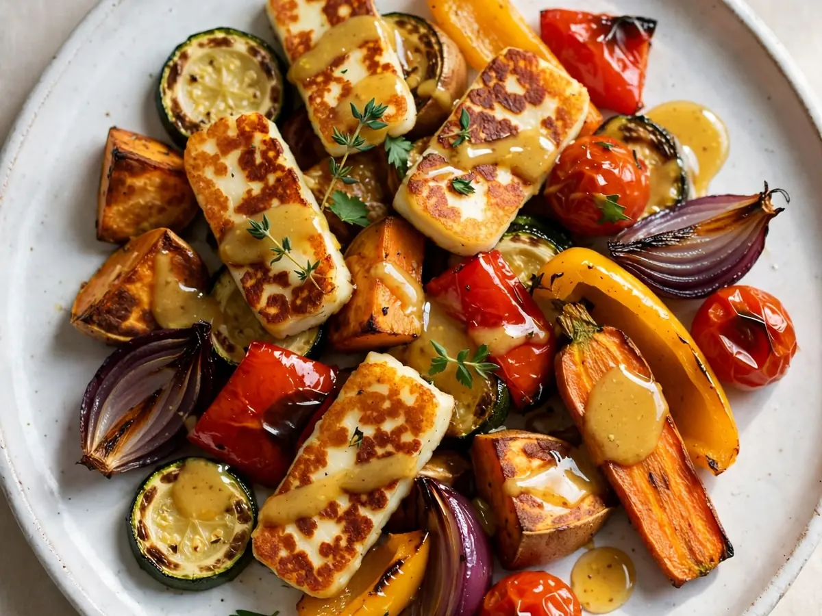 Ofengemüse mit Halloumi und Honig-Senf-Dressing