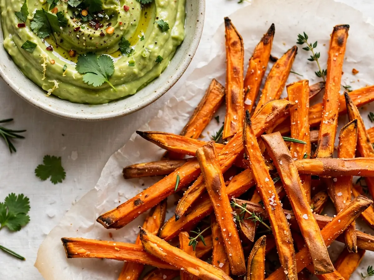 Süßkartoffel-Pommes mit Avocado-Dip aus dem Ofen